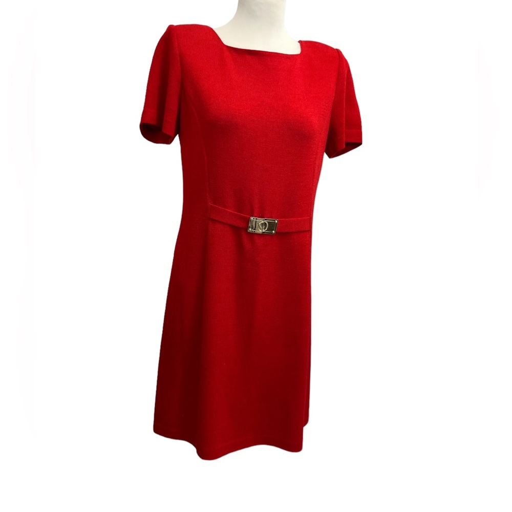 Vintage St. John Knits Red Santana Knit Gold Logo Belt Dress
